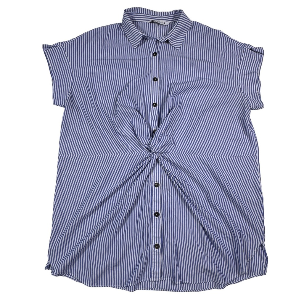 Zara Womens Blue White Striped Twist Front Button Down Shirt Cap Sleeve‎ Medium